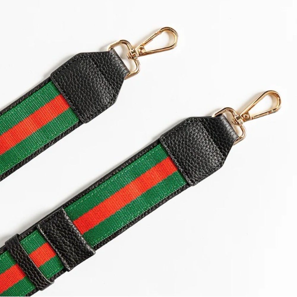 Green and Red Stripe Adjustable Bag Strap with Black Leather Ends.